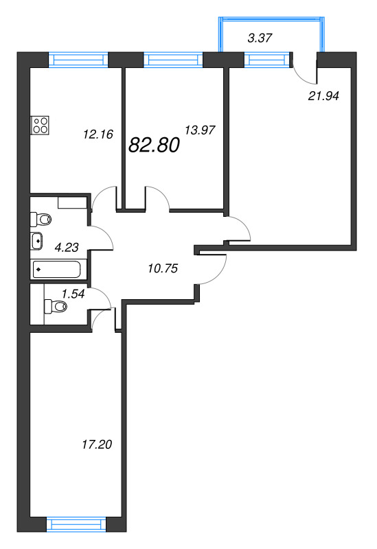 3-комнатная квартира, 81.79 м² в ЖК "OKLA" - планировка, фото №1