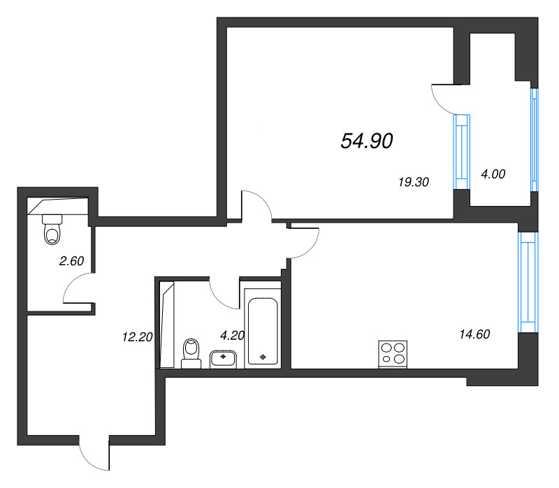1-комнатная квартира, 54.9 м² в ЖК "Тайм Сквер" - планировка, фото №1
