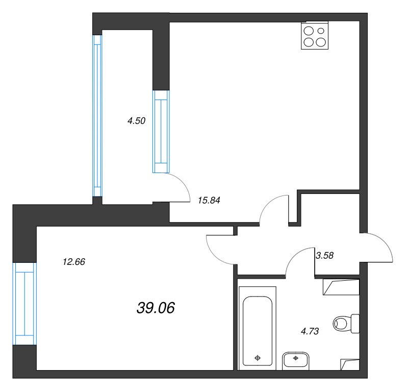 2-комнатная (Евро) квартира, 39.06 м² в ЖК "Аквилон Leaves" - планировка, фото №1