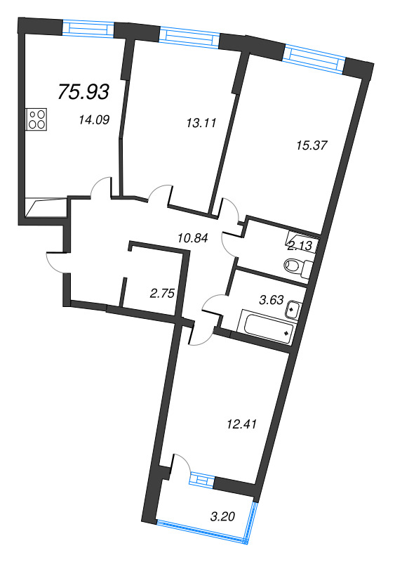 4-комнатная (Евро) квартира, 75.93 м² в ЖК "Дом Левитан" - планировка, фото №1