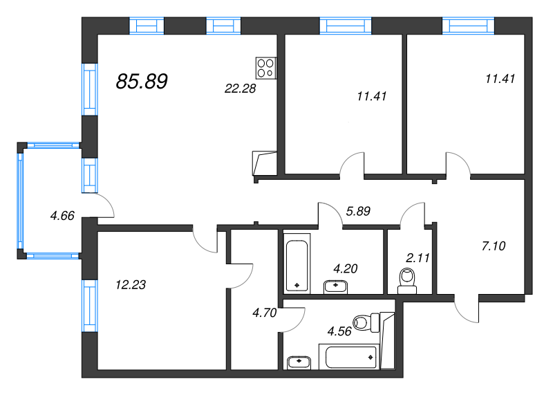 4-комнатная (Евро) квартира, 85.89 м² в ЖК "Черная речка, 41" - планировка, фото №1