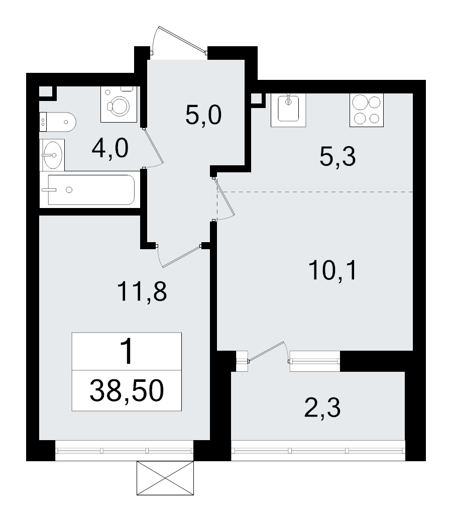 2-комнатная (Евро) квартира, 38.5 м² в ЖК "А101 Всеволожск" - планировка, фото №1