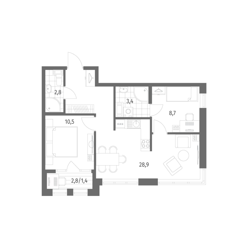 3-комнатная (Евро) квартира, 55.7 м² в ЖК "NewПитер 2.0" - планировка, фото №1
