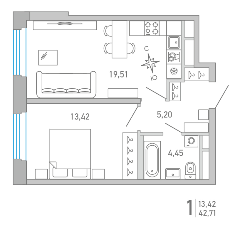 2-комнатная (Евро) квартира, 42.71 м² в ЖК "Министр" - планировка, фото №1