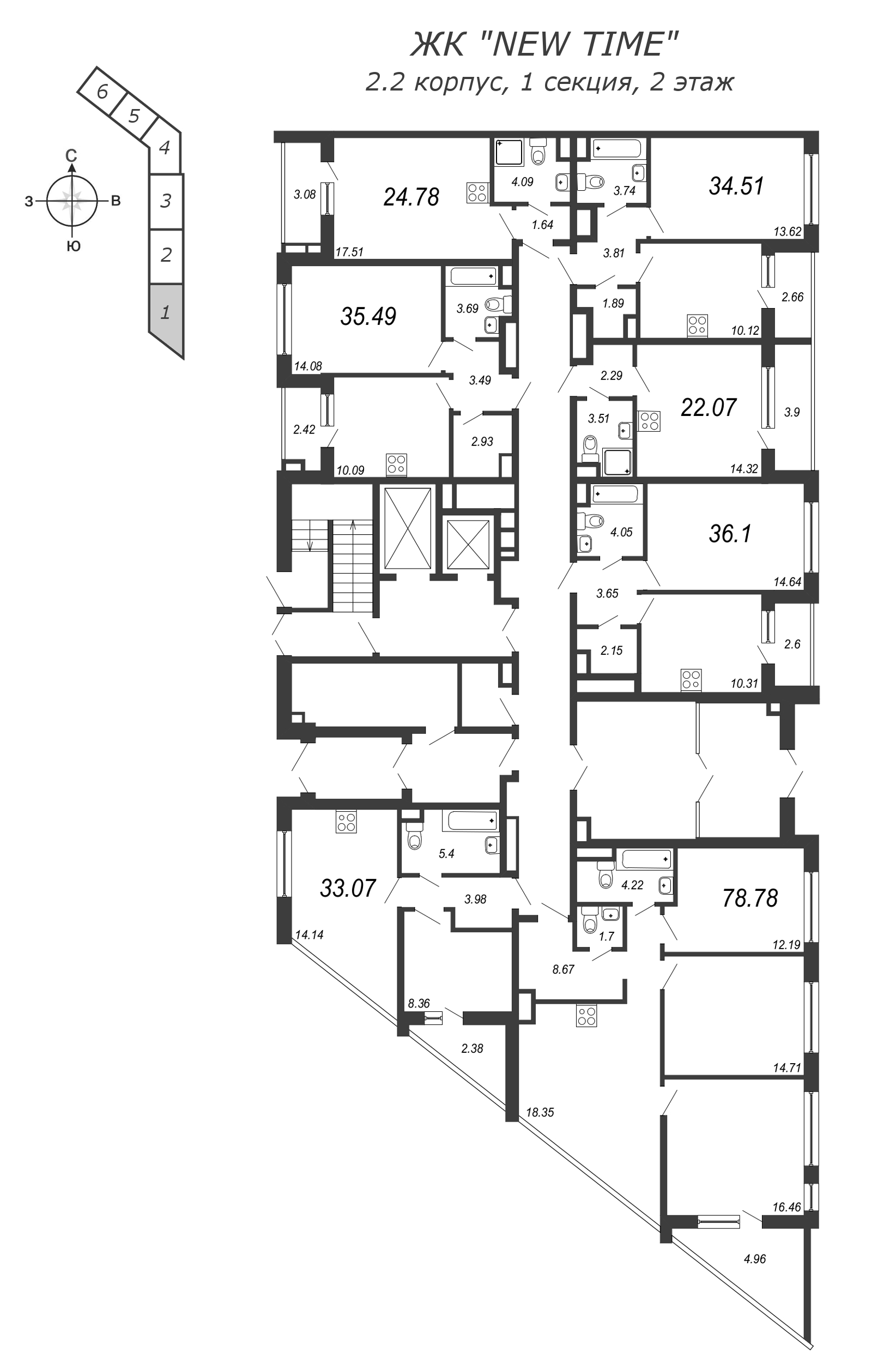 1-комнатная квартира, 34.4 м² в ЖК "New Time" - планировка этажа