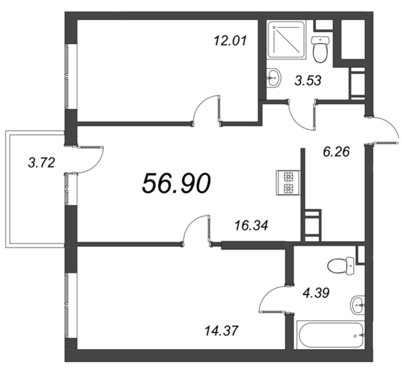 3-комнатная (Евро) квартира, 56.9 м² в ЖК "Чёрная речка от Ильича" - планировка, фото №1