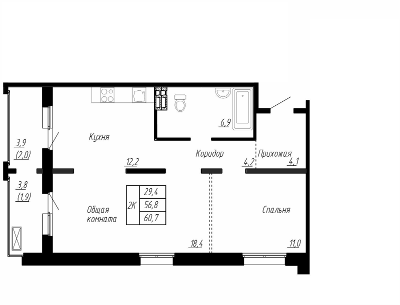 2-комнатная квартира, 60.7 м² в ЖК "Сибирь" - планировка, фото №1
