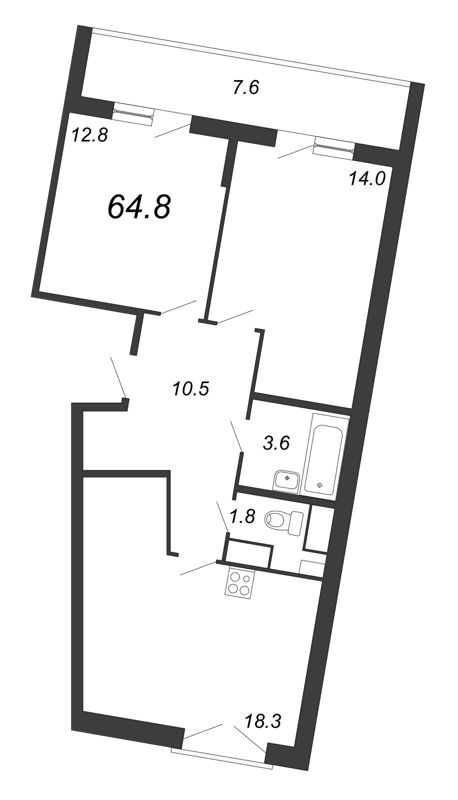2-комнатная квартира, 66.3 м² в ЖК "Квартал Che" - планировка, фото №1
