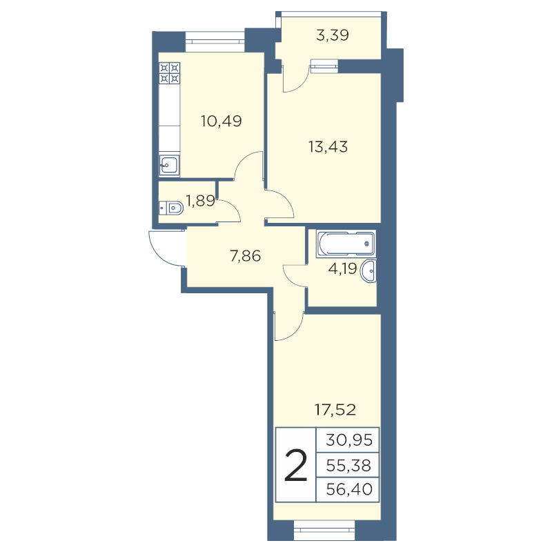 2-комнатная квартира, 56.16 м² в ЖК "Новый Лесснер" - планировка, фото №1