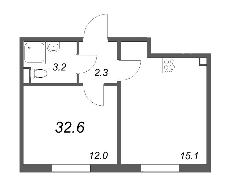 2-комнатная (Евро) квартира, 32.6 м² - планировка, фото №1