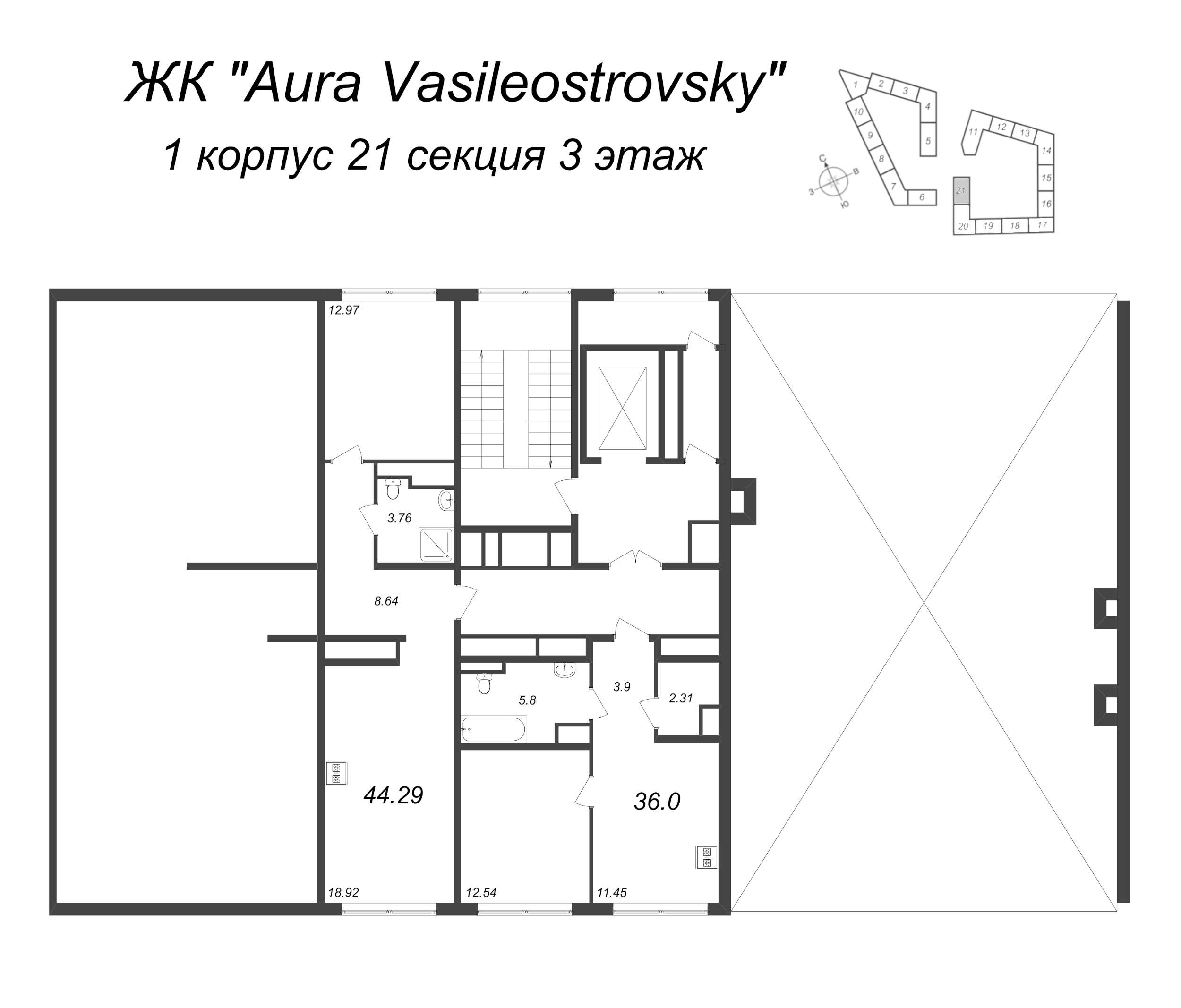 2-комнатная (Евро) квартира, 44.29 м² в ЖК "GloraX Premium Василеостровский" - планировка этажа