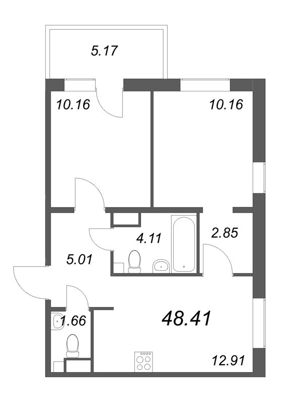 2-комнатная квартира, 48.51 м² - планировка, фото №1