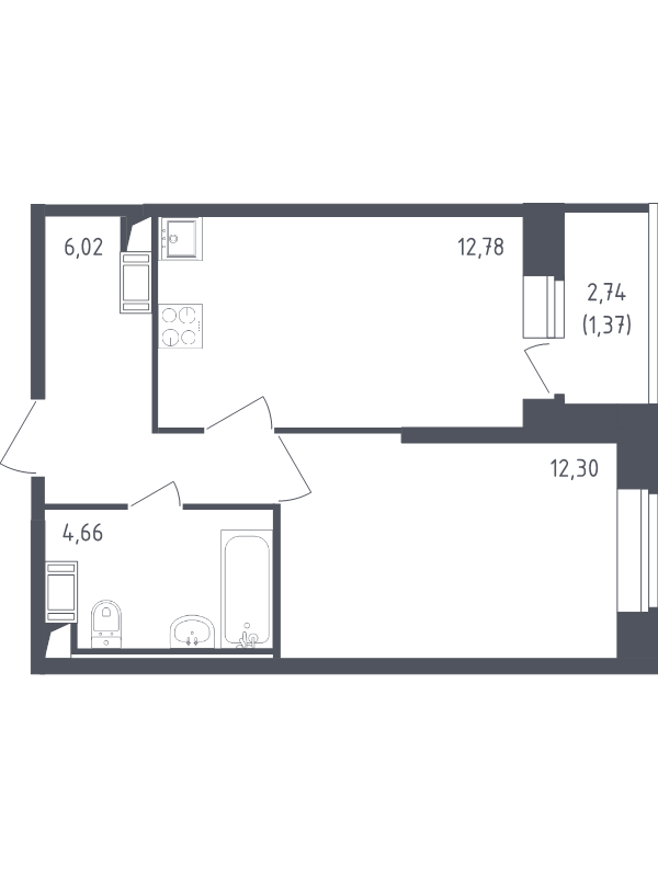 1-комнатная квартира, 37.13 м² в ЖК "Живи! В Рыбацком" - планировка, фото №1