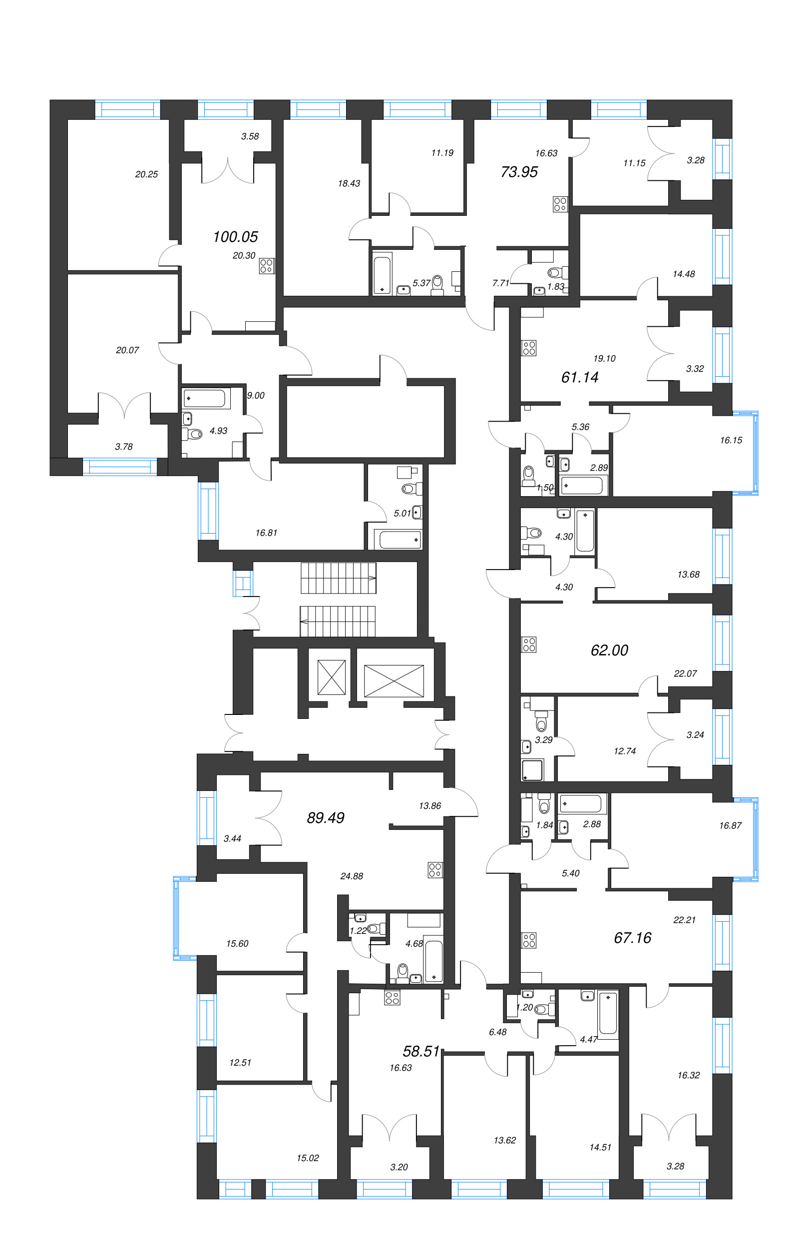 3-комнатная квартира, 89.49 м² в ЖК "Наука" - планировка этажа