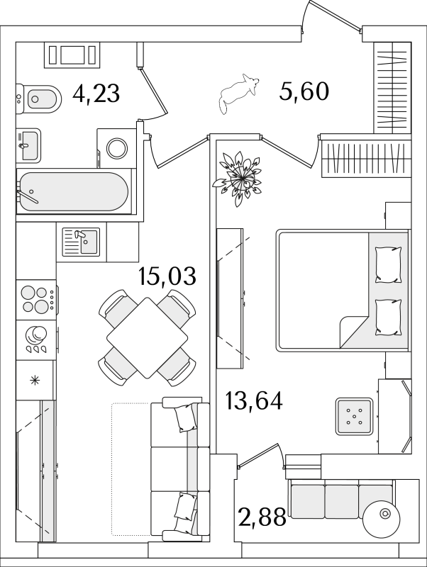 2-комнатная (Евро) квартира, 39.94 м² в ЖК "Лайнеръ" - планировка, фото №1