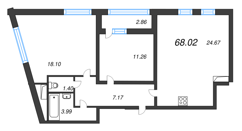 3-комнатная (Евро) квартира, 68.02 м² в ЖК "Морская набережная" - планировка, фото №1