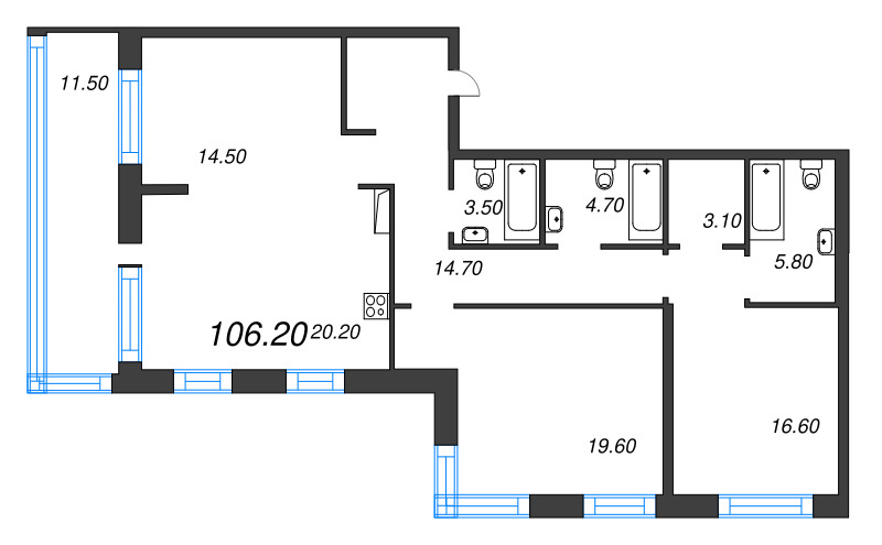 4-комнатная (Евро) квартира, 106.2 м² в ЖК "ЛДМ" - планировка, фото №1