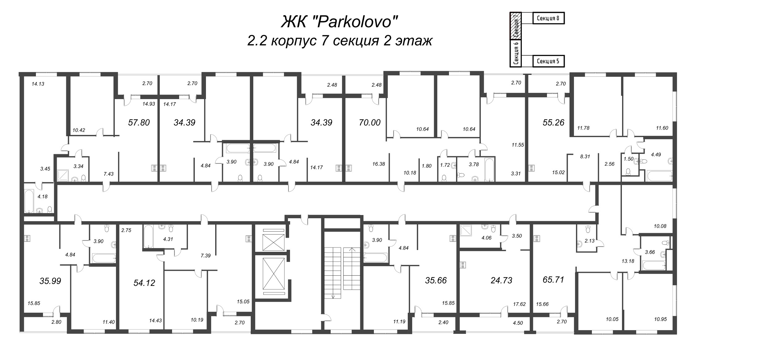 3-комнатная (Евро) квартира, 55.26 м² в ЖК "Parkolovo" - планировка этажа