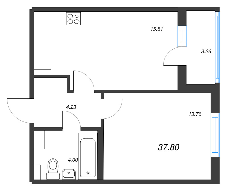 2-комнатная (Евро) квартира, 37.8 м² в ЖК "Любоград" - планировка, фото №1
