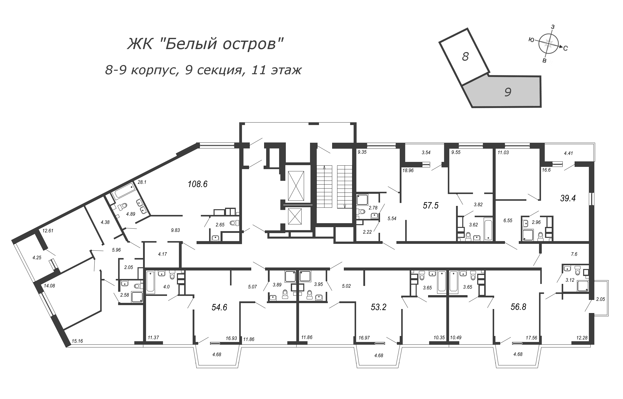2-комнатная (Евро) квартира, 39.6 м² в ЖК "Белый остров" - планировка этажа