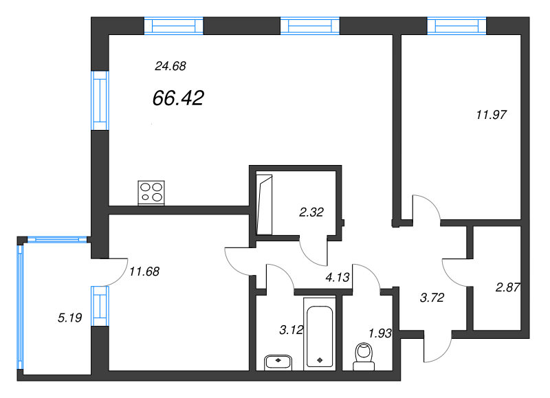 3-комнатная (Евро) квартира, 66.42 м² в ЖК "Черная речка, 41" - планировка, фото №1
