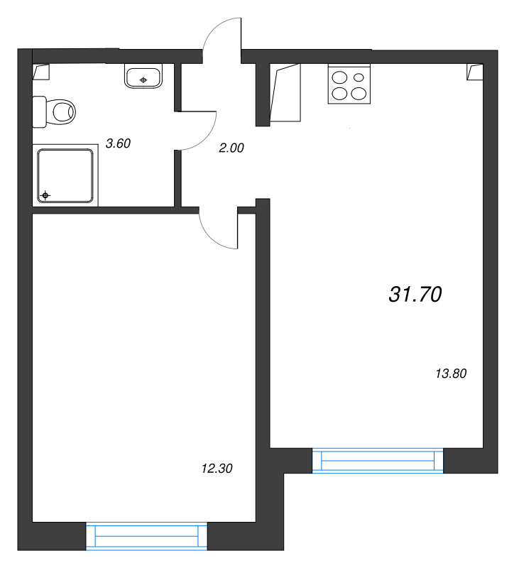 1-комнатная квартира, 31.7 м² в ЖК "Цветной город" - планировка, фото №1