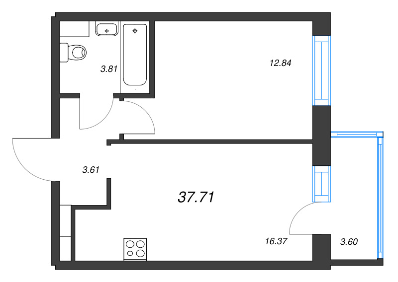 2-комнатная (Евро) квартира, 37.71 м² в ЖК "Невский берег" - планировка, фото №1