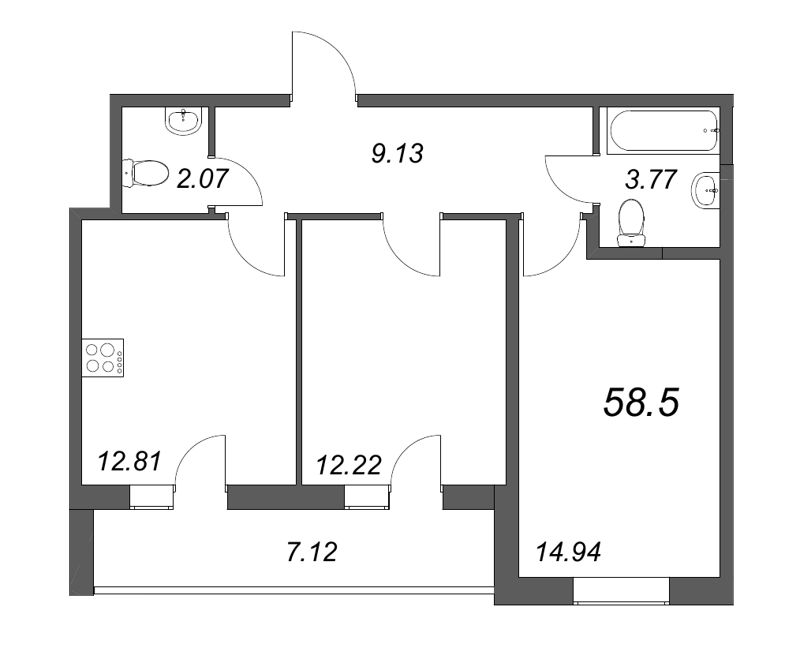3-комнатная (Евро) квартира, 57.1 м² в ЖК "Аквилон Zalive" - планировка, фото №1