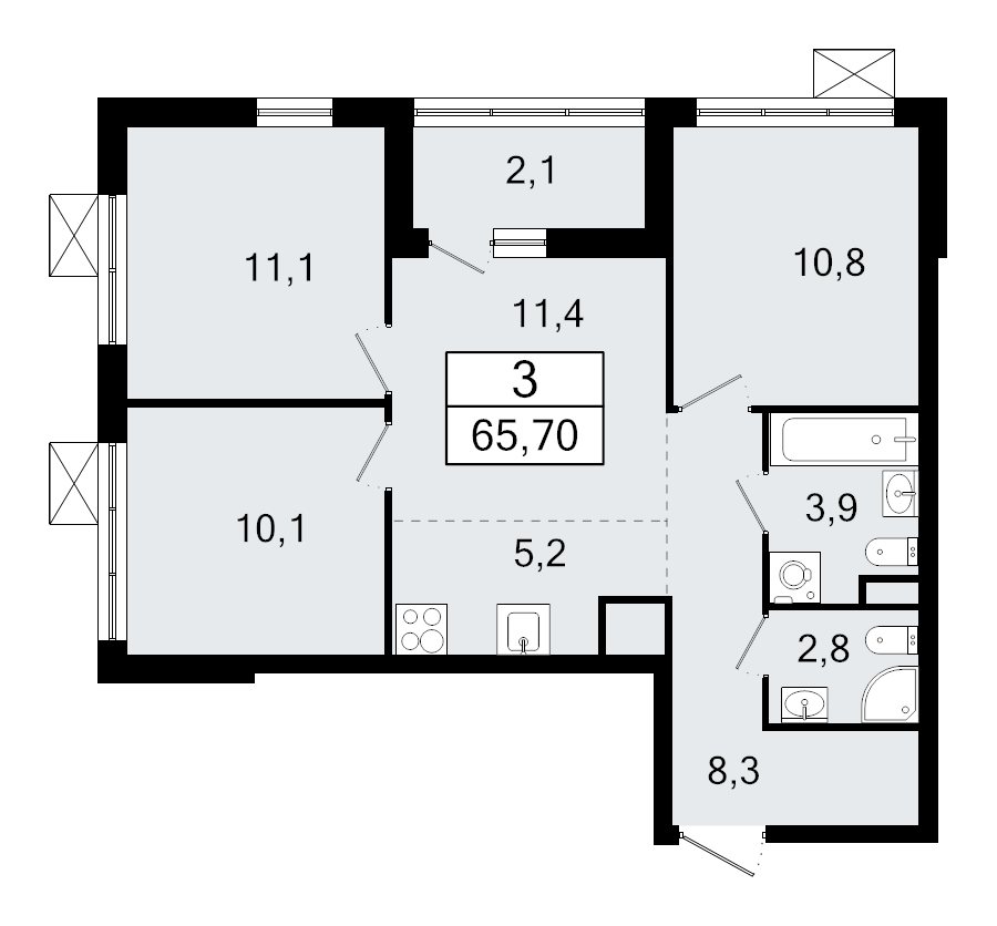 4-комнатная (Евро) квартира, 65.7 м² в ЖК "А101 Всеволожск" - планировка, фото №1