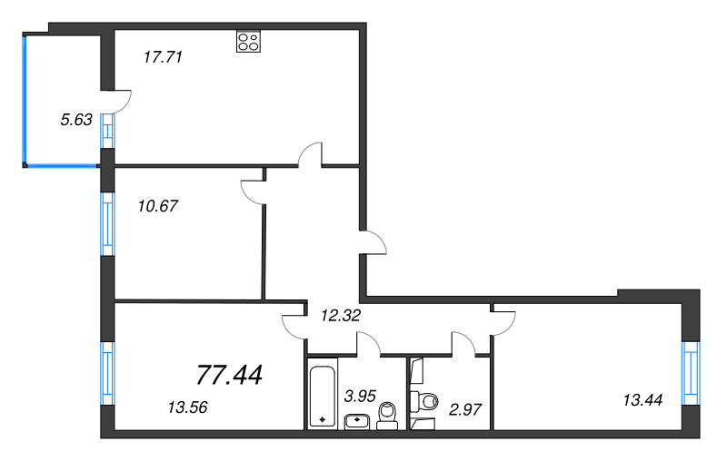 4-комнатная (Евро) квартира, 77.44 м² в ЖК "Аквилон Stories" - планировка, фото №1