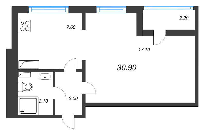 1-комнатная квартира, 29.8 м² - планировка, фото №1