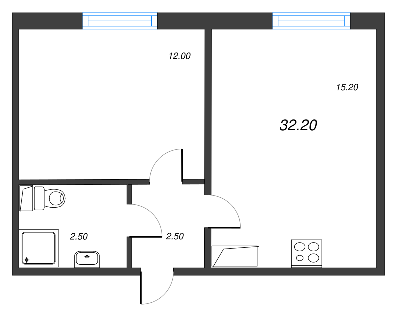 2-комнатная (Евро) квартира, 32.2 м² - планировка, фото №1