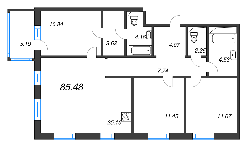 4-комнатная (Евро) квартира, 85.48 м² в ЖК "Черная речка, 41" - планировка, фото №1