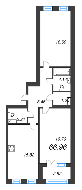 2-комнатная квартира, 66.96 м² в ЖК "Наука" - планировка, фото №1