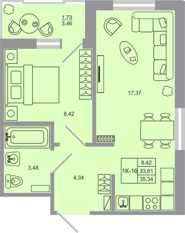 2-комнатная (Евро) квартира, 35.34 м² в ЖК "Стороны света-2" - планировка, фото №1