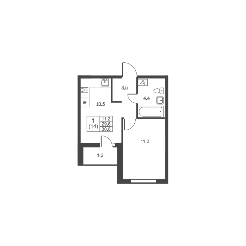 1-комнатная квартира, 30.8 м² в ЖК "Ермак" - планировка, фото №1