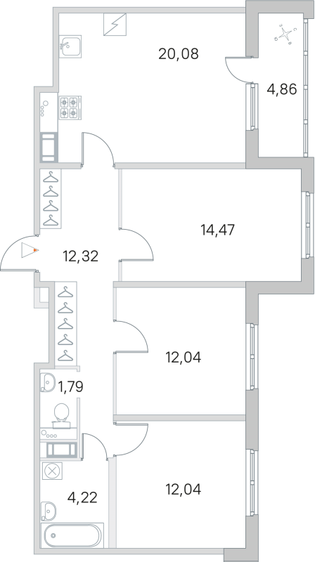 4-комнатная (Евро) квартира, 76.96 м² в ЖК "ЮгТаун" - планировка, фото №1