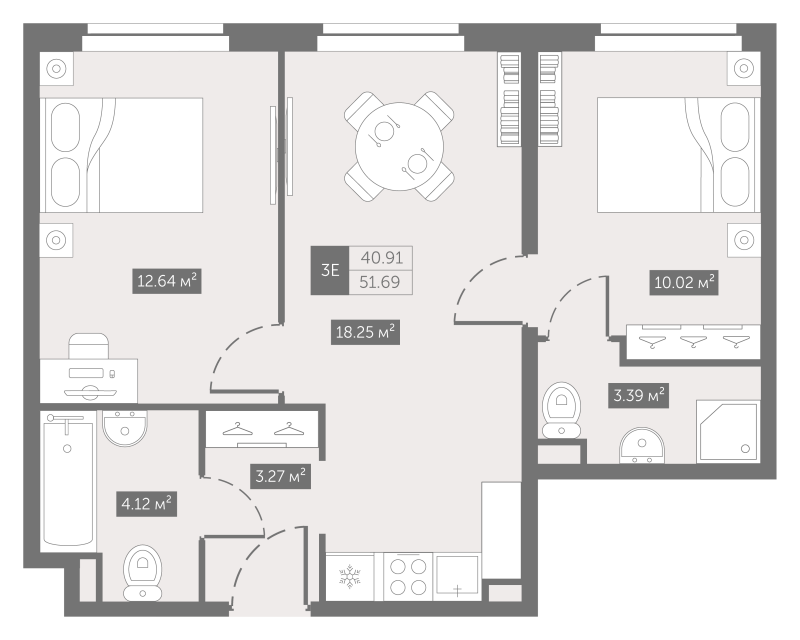 3-комнатная (Евро) квартира, 51.69 м² в ЖК "Zoom на Неве" - планировка, фото №1