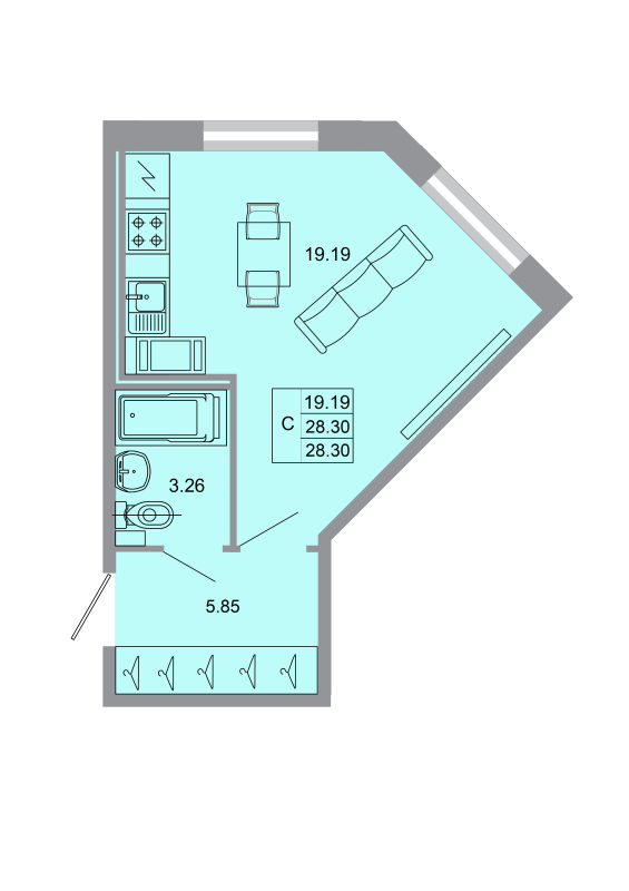 Квартира-студия, 27.4 м² в ЖК "Стороны света" - планировка, фото №1
