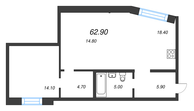 2-комнатная (Евро) квартира, 62.9 м² в ЖК "ЛДМ" - планировка, фото №1