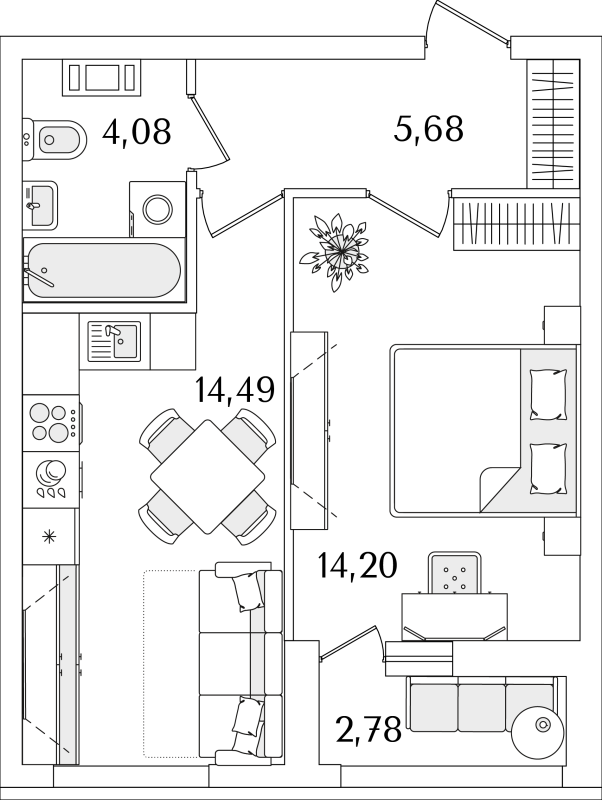 2-комнатная (Евро) квартира, 39.84 м² в ЖК "Лайнеръ" - планировка, фото №1