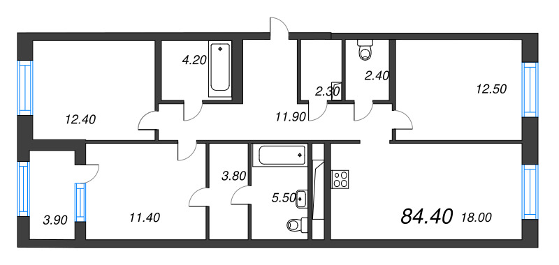 4-комнатная (Евро) квартира, 84.4 м² в ЖК "Струны" - планировка, фото №1