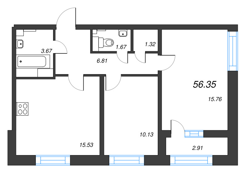 3-комнатная (Евро) квартира, 56.35 м² в ЖК "БелАрт" - планировка, фото №1
