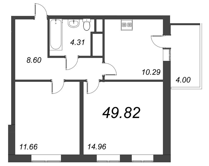 2-комнатная квартира, 49.82 м² в ЖК "Ясно.Янино" - планировка, фото №1