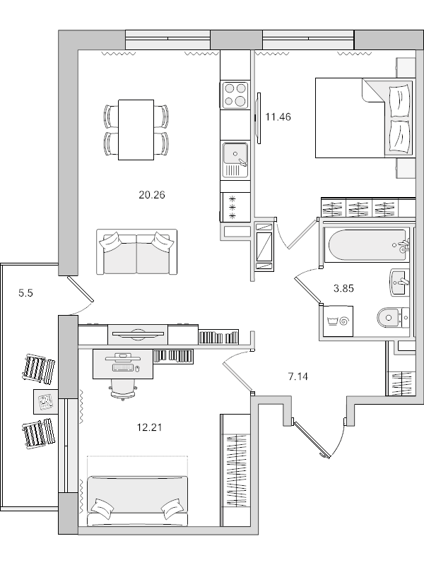 3-комнатная (Евро) квартира, 54.92 м² в ЖК "Parkolovo" - планировка, фото №1