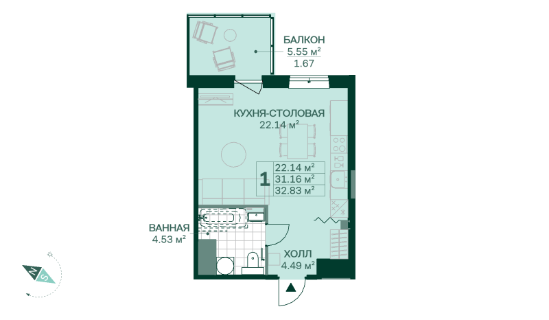 Квартира-студия, 32.83 м² в ЖК "Magnifika Residence" - планировка, фото №1
