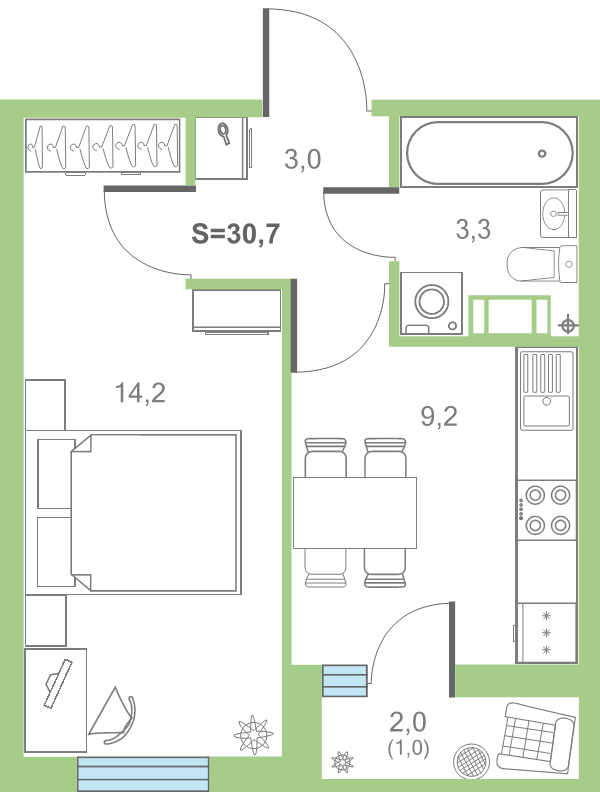 1-комнатная квартира, 31.1 м² в ЖК "Дуэт" - планировка, фото №1