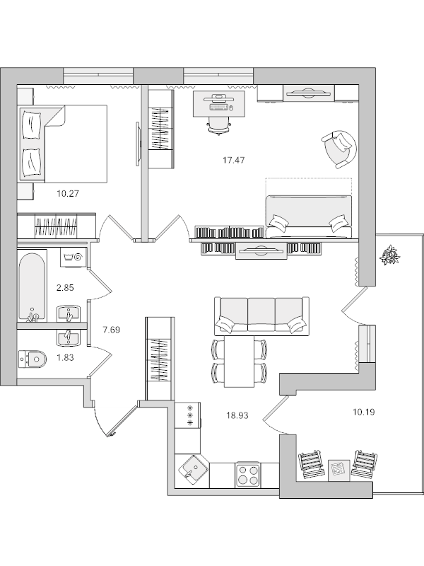 3-комнатная (Евро) квартира, 59.04 м² в ЖК "Город Первых" - планировка, фото №1