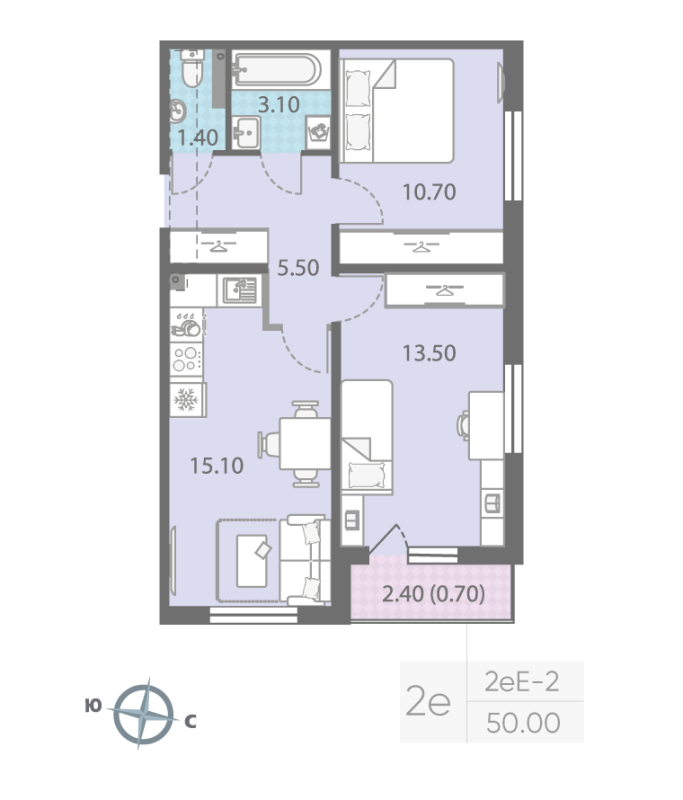 3-комнатная (Евро) квартира, 50 м² в ЖК "ЛСР. Ржевский парк" - планировка, фото №1
