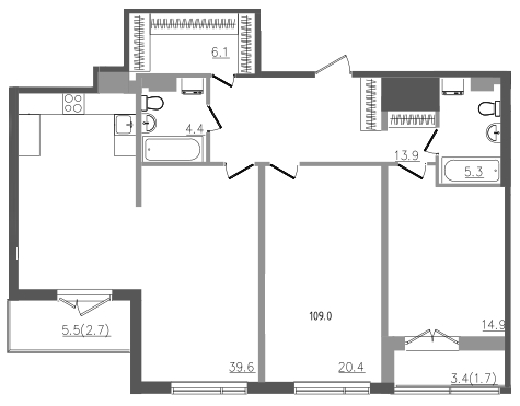 3-комнатная (Евро) квартира, 109.2 м² в ЖК "Upoint" - планировка, фото №1
